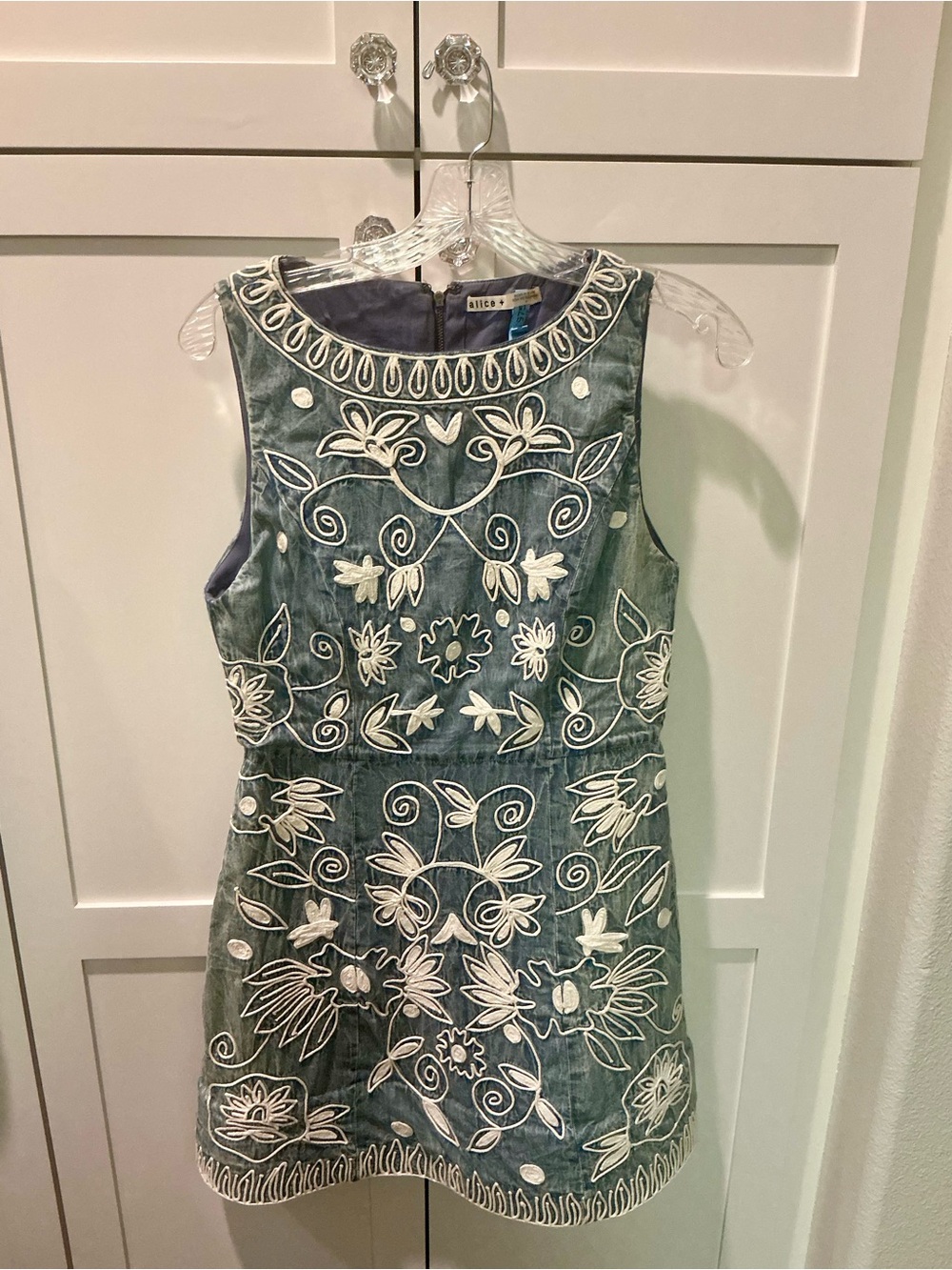 Alice + Olivia Blue Denim Mini Dress with White Floral Embroidery